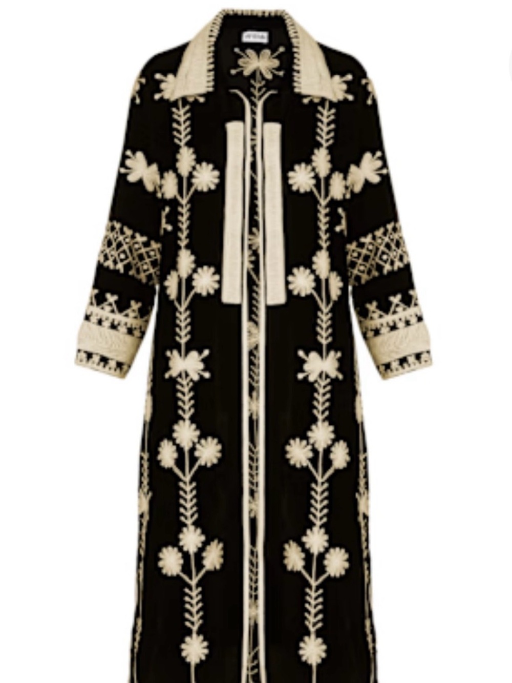 Antra Embroidered Velvet Black & Cream Long MIDI Jacket Coat